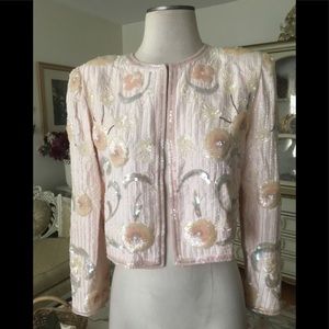 A J Bari gorgeous vintage light pink/gray beaded/sequence cropped jacket size 12